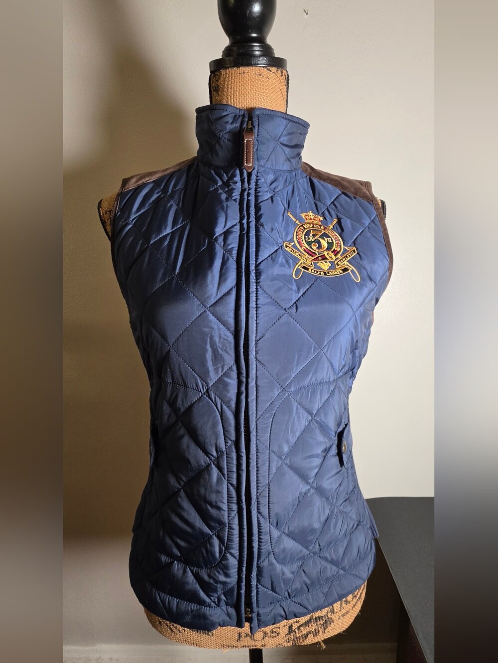 Ralph Lauren Quilted Navy Crest Vest with Brown Suede Accents